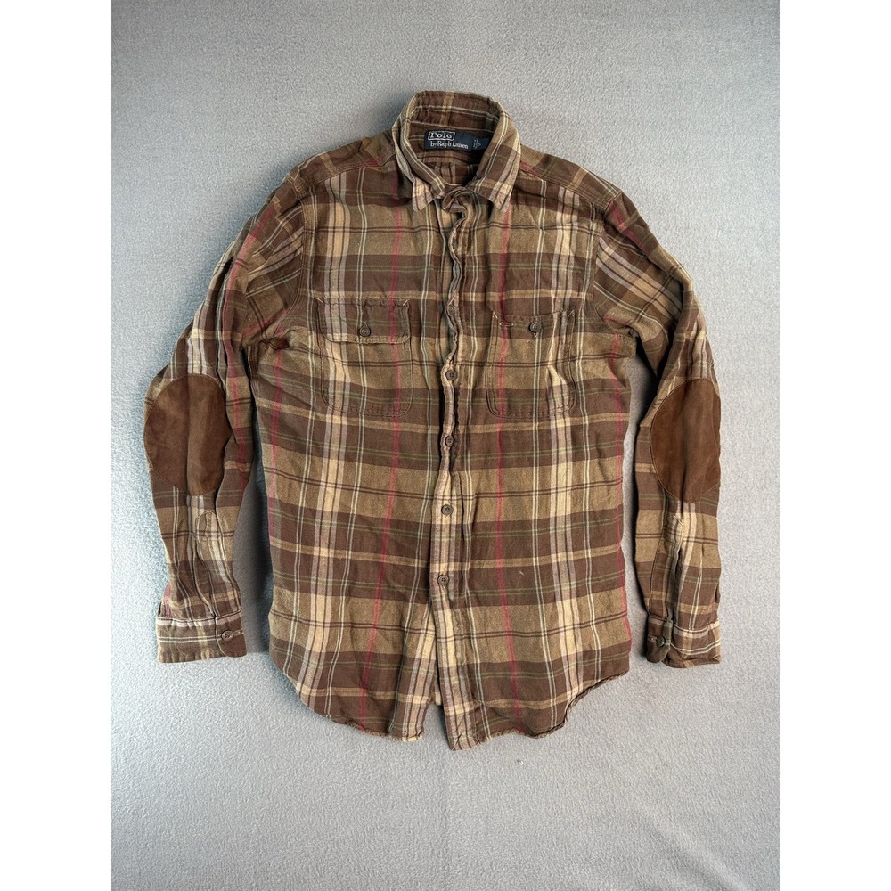 Polo Ralph Lauren Shirt Mens Small Brown Plaid Flannel Suede Elbow Patch Casual